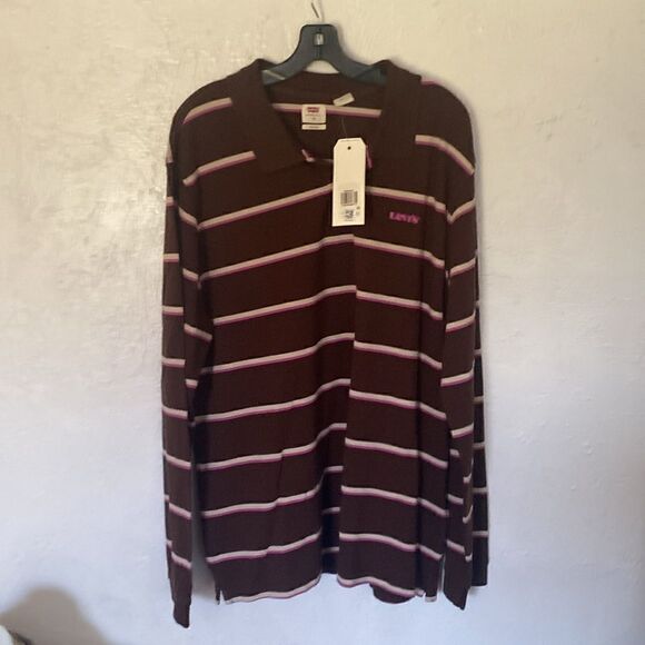 NWT Levis Men's Long Sleeve Polo Size XL Brown V-neck Relaxed Fit - Picture 1 of 7